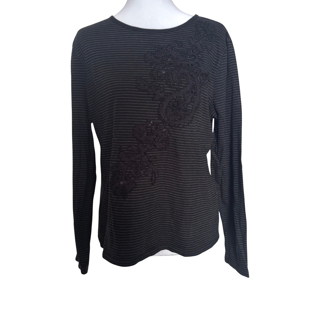 Ralph Lauren Womens Large Black Striped Long Sleeve Embroidered Tee Shirt